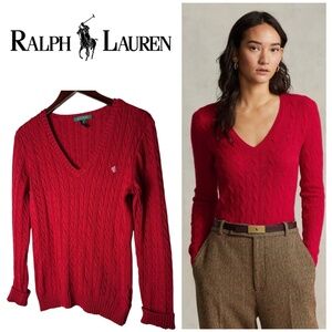 Ralph Lauren Sweater Pullover Medium Red Cable Knit V-Neck Quiet Luxury Preppy